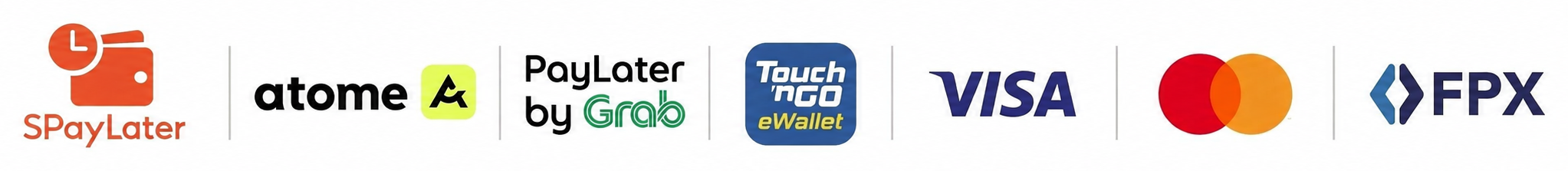SPayLater, Atome, PayLater by Grab, Touch ’n Go eWallet, Visa, Mastercard and FPX