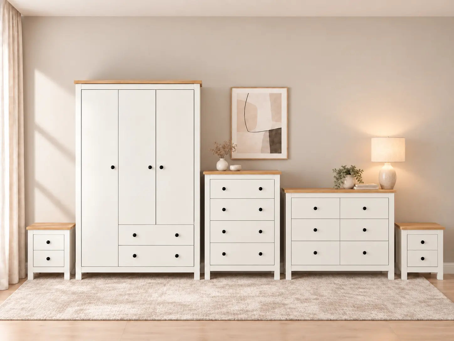 ESSEHOME white and oak bedroom furniture: a three-door wardrobe, four-drawer chest, six-drawer chest and matching bedside tables